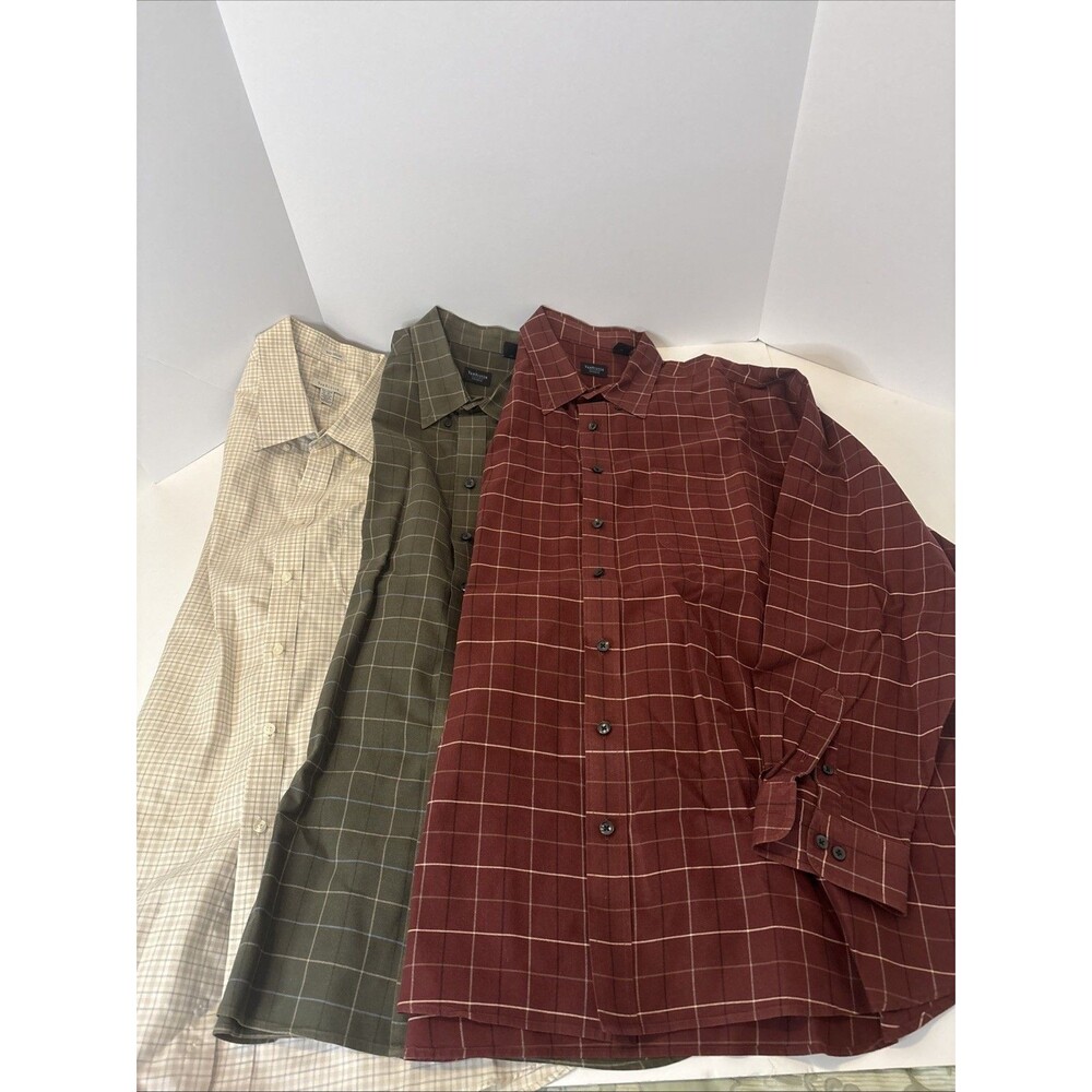 Lot of 3 Van Heusen Mens 3XLT Plaid Long Sleeve Button Down Shirt Red Tan Green